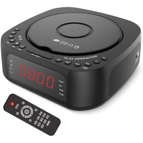 Lecteur CD-réveil Bluetooth avec radio FM – Haut-parleur avec télécommande – Minuterie, affichage LED, entrée AUX, port USB