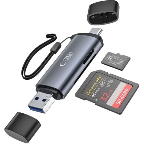 Lecteur de cartes mémoire SD/micro SD avec connecteurs USB-C/USB-A - gris