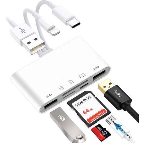 Lecteur de cartes mémoire universel 5 en 1 avec connecteurs USB/Lightning/USB-C et emplacements pour cartes SD/TF, adaptateurs USB OTG, compatible avec les cartes mémoire SD/Micro SD