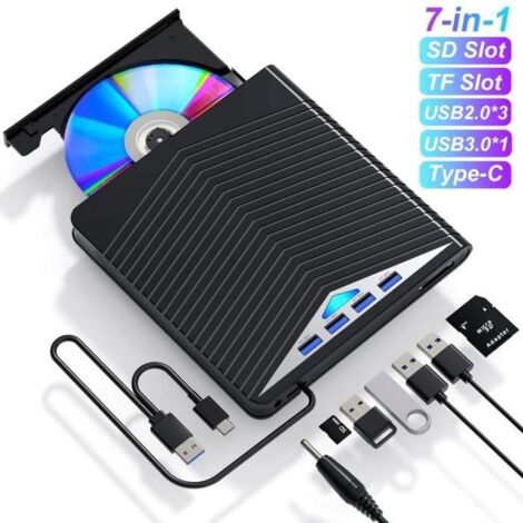 Lecteur Graveur DVD CD Externe USB 3.0 Portable - - 7 en 1 - Noir - Compatible Windows 11/10/8/7