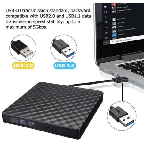 Lecteur/graveur DVD externe USB, compatible PC portable, bureau et tout-en-un.