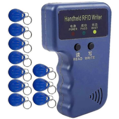 Lecteur-graveur RFID portable 125 kHz, duplicateur, copieur, programmeur et cloneur de cartes d'identité, avec 10 pièces bleues.