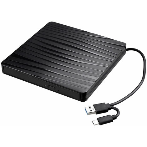 Lecteur optique externe portable a double port USB3.0 + Type-C Lecteur CD / DVD Lecteur de DVD-ROM externe ultra-mince pour Windows / Mac OS, Noir