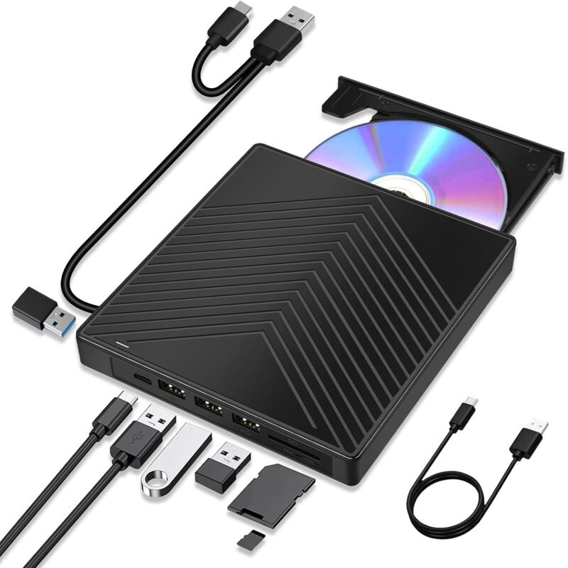 Lecteur/graveur de CD externe 7 en 1 pour PC Windows 10, Linux et Mac OS, avec connectivité USB 3.0 et Type-C, lecteur de cartes SD/TF et 4 ports USB