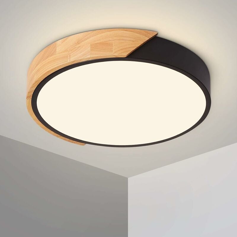 Led 18W Bois Lampe Plafond avec Télécommande Luminosité Réglable Luminaire Salle de Bain Rond Ultra Mince Moderne pour Maison Bureau Chambre Salon