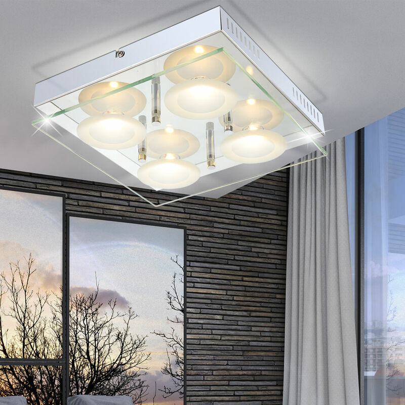 Image of Lampada da soffitto plafoniera soggiorno luce sala da pranzo lampada in vetro, 4 lampadine lastra di vetro cromo, led 5W 1440Lm bianco caldo, LxPxH