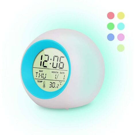 LED Alarm Clock for Kids, 7 Color LED Light Alarm Clock, 12/24 Hour Digital Clock, 8 Wake Up Ringtones, Luminous Alarm Clock with Date and Temperature, Wake-Up Light