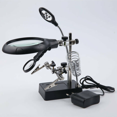 LED allumée 2.5X 7.5X 10X Grossissement Interchangeable Coup de Main Collier de réparation Clip Auxiliaire Alligator Stand Desktop Loupe Verre Grossissant Magnifier