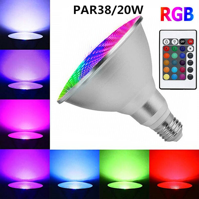 Led Ampoules de couleur 20 w Ampoule led rgb E27 Par38 étanche avec télécommande ir 24 touches (rgb et blanc froid)