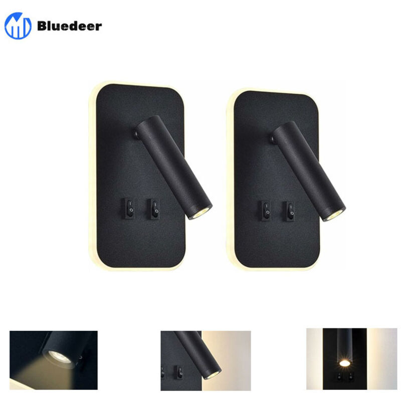 Bluedeer – Applique murale chambre LED – Lot de 2 liseuses orientables 3000K – Aluminium noir – Installation facile en quelques minutes