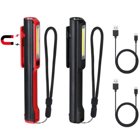 LED-Arbeitsleuchte, 2 Stück COB-Taschenlampe, 3 W, wiederaufladbar über USB mit Magnetclip, 400 Lumen, 5 Modi, 2-in-1-ABS-Campinglampe für Zuhause, Garage, Werkstatt, Wandern, Camping