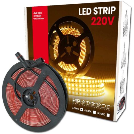 LED ATOMANT Rotolo da 5 metri di Striscia LED Diretta a 220V, 12W/m, Colore Bianco Caldo (3000K), Impermeabile (IP65), Taglio ogni 10cm