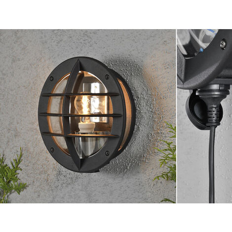 LED Außenwandleuchte mit Steckdose, Alu Schwarz & Klarglas, Ø 31cm