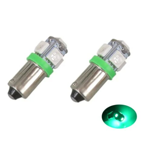 LED BA9S (verde) con 5 chips SMD5050, paquete de 2, forma T4W, gris plateado y verde, paquete de 2