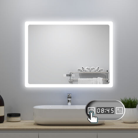 LED Badezimmer Spiegel 100x60cm mit Uhr 3 Lichtfarbe Dimmbar Beschlagfrei Speicherfunktion Horizontale Installation