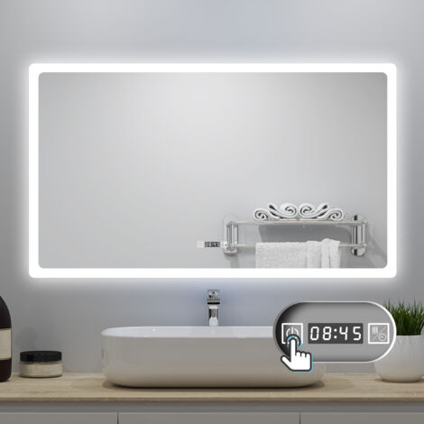 LED Badezimmer Spiegel 140x80cm mit Uhr 3 Lichtfarbe Dimmbar Beschlagfrei Speicherfunktion Horizontale Installation