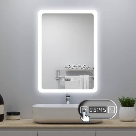 LED Badezimmer Spiegel 50x70cm mit Uhr 3 Lichtfarbe Dimmbar Beschlagfrei Speicherfunktion Vertikale Installation