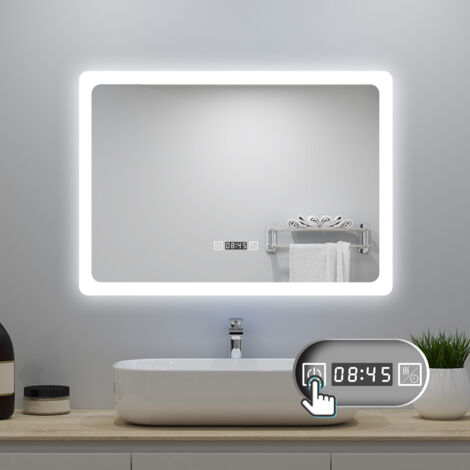 LED Badezimmer Spiegel 70x50cm mit Uhr 3 Lichtfarbe Dimmbar Beschlagfrei Speicherfunktion Horizontale Installation