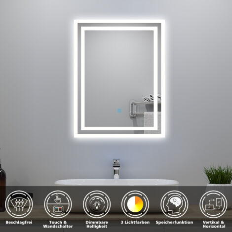 LED Badezimmer Spiegel mit Beleuchtung 70x50cm Badspiegel mit 3 Lichtfarbe Dimmbar Beschlagfrei Speicherfunktion
