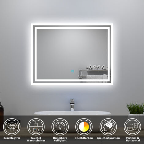 LED Badezimmer Spiegel mit Beleuchtung 80x60cm Badspiegel mit 3 Lichtfarbe Dimmbar Beschlagfrei Speicherfunktion