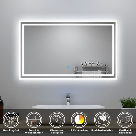 LED Badezimmer Spiegel mit Beleuchtung 90x70cm Badspiegel mit 3 Lichtfarbe Dimmbar Beschlagfrei Speicherfunktion