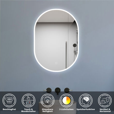LED Badezimmer Spiegel mit Beleuchtung Badspiegel mit Beschlagfrei 3 Lichtfarbe Dimmbar Speicherfunktion CE IP44 45x75cm
