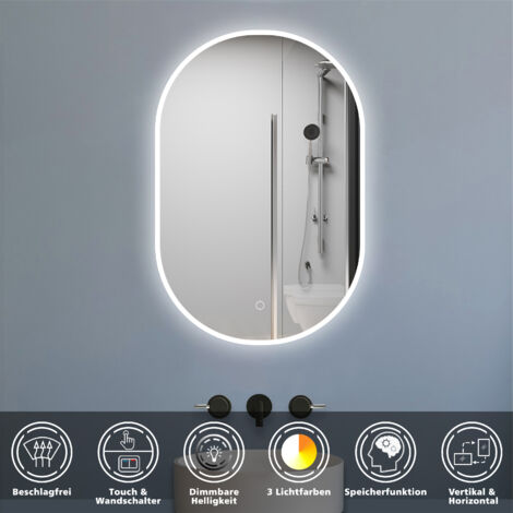 LED Badezimmer Spiegel mit Beleuchtung Badspiegel mit Beschlagfrei 3 Lichtfarbe Dimmbar Speicherfunktion CE IP44 60x100cm