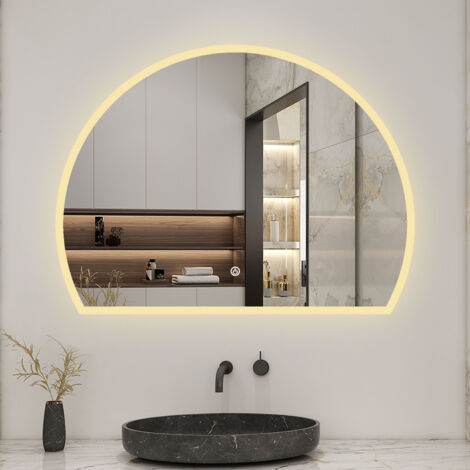 DUSCHPARADIES-DE LED Badezimmer Spiegel mit Beleuchtung Dreiviertelkreis Badspiegel mit Beschlagfrei 3 Lichtfarbe Dimmbar Speicherfunktion CE IP44 80x60cm