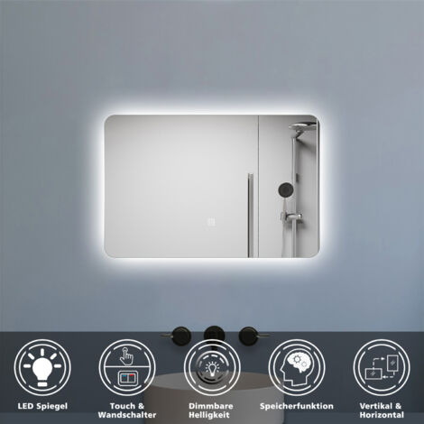 LED Badezimmerspiegel mit Kaltweiß Dimmbar 60x40cm Wandspiegel mit Touch/Wandschalter Speicherfunktion