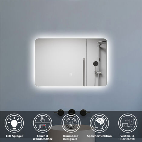 LED Badezimmerspiegel mit Kaltweiß Dimmbar 70x50cm Wandspiegel mit Touch/Wandschalter Speicherfunktion