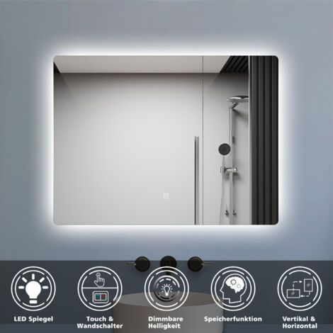 LED Badezimmerspiegel mit Kaltweiß Dimmbar 80x60cm Wandspiegel mit Touch/Wandschalter Speicherfunktion