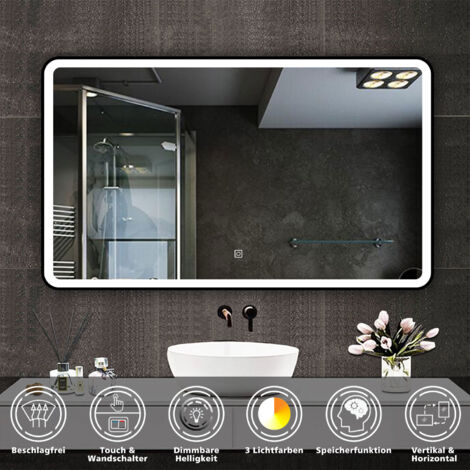 LED Badezimmerspiegel Schwarzer Rahmen mit Beschlagfrei 3 Lichtfarbe Dimmbar Speicherfunktion Wandspiegel 100X60cm