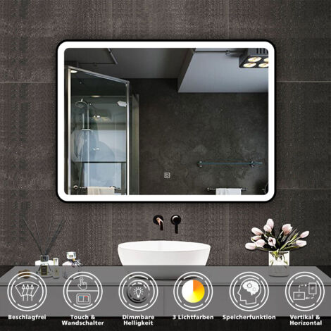 LED Badezimmerspiegel Schwarzer Rahmen mit Beschlagfrei 3 Lichtfarbe Dimmbar Speicherfunktion Wandspiegel 80X60cm