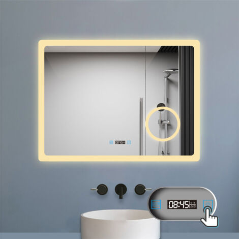 LED Badspiegel 100x60cm mit Touch Antibeschlage 3-Fach Lupe Uhr 3 Farbe Dimmbar 2700-6500k IP44