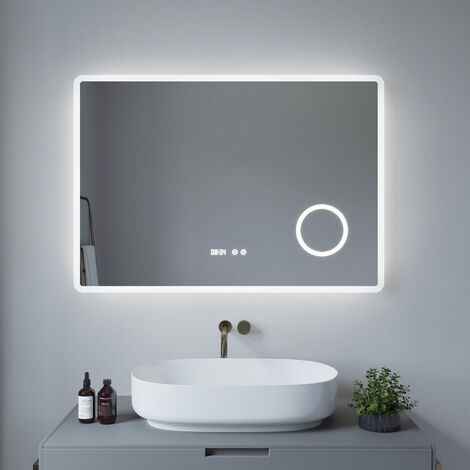 LED Badspiegel 100x70cm Badezimmerspiegel Touch-schalter Wandmontag Lichtspiegel Wandspiegel mit Kaltweißer 6400K Beleuchtung, Beschlagfrei, Digitaluhr, 3-Fach Vergrößerung Kosmetikspiegel BORAS Typ-D