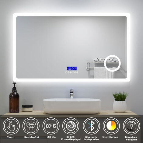 LED Badspiegel 160x80cm mit Uhr Bluetooth 3-fache Vergrößerung Beschlagfrei Badezimmer Spiegel CE IP44 3 Lichtfarbe Dimmbar