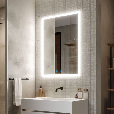 LED Badspiegel - 50 x 70 cm, Beschlagfrei, Dimmbar, Warmweiß/Kaltweiß/Natürliches Licht, Energiesparend, Speicherfunktion - Badezimmerspiegel, LED Spiegel, Lichtspiegel, Wandspiegel für Bad
