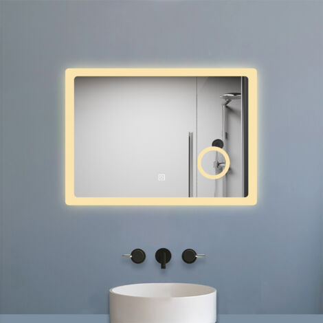 LED Badspiegel 80x60cm mit 3-fache Vergrößerung Beschlagfrei Speicherfunktion Warm/Neutral/Kaltweiß Dimmbar CE IP44