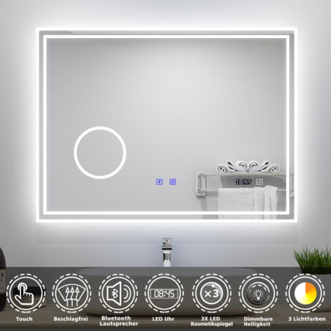 LED Badspiegel 80x60cm mit Uhr Bluetooth 3 Lichtfarbe Dimmbar Beschlagfrei 3-Fach klares vergrößertes Speicherfunktion