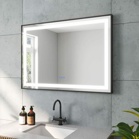 LED Badspiegel Badezimmerspiegel mit Beleuchtung 100x70cm Touch Wandspiegel Antibeschlage, Energiesparend Lichtspiegel, IP44, Kaltweißes 6400K & Warmweiß 3000K SAUTENS-Serie Schwarz Rahmen