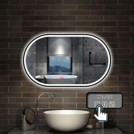 LED Badspiegel Badezimmerspiegel Wandspiegel, Beschlagfrei, Drei Farben Dimmbar, Bluetooth, Uhr 60x100cm