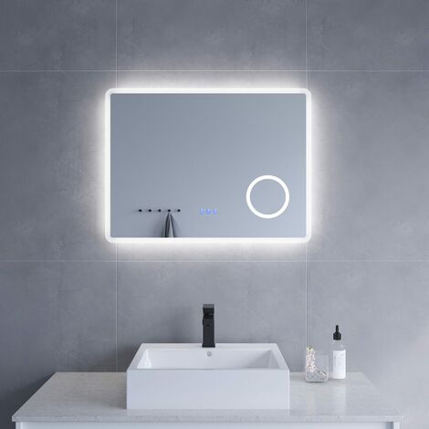LED Badspiegel Lichtspiegel 80x60cm Badezimmerspiegel Touch Wandspiegel Kosmetikspiegel mit einer 3-fachen Vergrößerung Kaltweißer 6400K & Warmweiß 3000K Beleuchtung