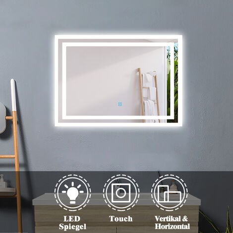 LED Badspiegel Lichtspiegel Wandspiegel Lichtspiegel Badezimmerspiegel mit Beleuchtung Touch-Schalter, 60 x 50 cm Ohne Beschlagfrei+Kaltwei
