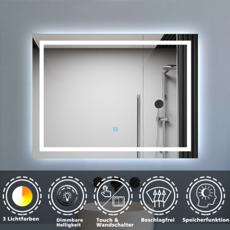 LED Badspiegel mit Beleuchtung 90x60cm Badezimmer Spiegel mit 3 Lichtfarbe Dimmbar Beschlagfrei Speicherfunktion