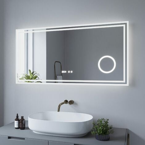 LED Badspiegel mit Beleuchtung Touch Sensor Wandspiegel Lichtspiegel Badezimmerspiegel 120x60cm Kosmetikspiegel mit Digital Uhr Dimmbar Spiegelheizung Kaltweiß 6400K AQUALAVOS ESSENS Typ-D 2 Led-streifen