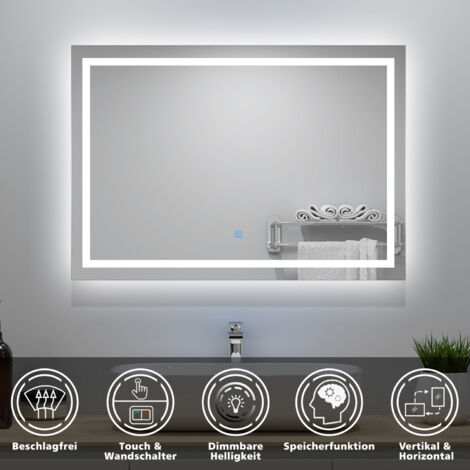 LED Badspiegel mit Kaltweiß Badezimmerspiegel 100x80 mit Beleuchtung Lichtspiegel Wandspiegel mit Touch-schalter beschlagfrei IP44 energiesparend