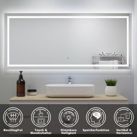 LED Badspiegel mit Kaltweiß Badezimmerspiegel 160x70 mit Beleuchtung Lichtspiegel Wandspiegel mit Touch-schalter beschlagfrei IP44 energiesparend