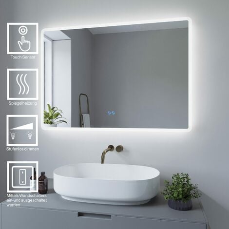 AQUALAVOS 100x70 cm LED Badspiegel mit Kaltweiß Beleuchtung Antibeschlag Badezimmerspiegel Dimmbar Touch Schalter Lichtspiegel Wandspiegel