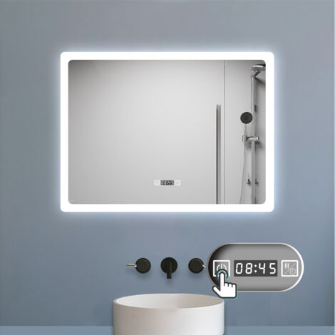 LED Badspiegel mit Uhr 3 Lichtfarbe Dimmbar Beschlagfrei Speicherfunktion Badezimmer Spiegel mit Beleuchtung CE IP44 80x60cm Horizontale Installation