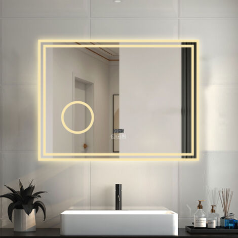 LED Badspiegel mit Uhr Bluetooth Warmweiß/Neutralweiß/Kaltweiß 3000-6000k Dimmbar Beschlagfrei 3-Fach klares vergrößertes Speicherfunktion Badezimmer Spiegel mit Beleuchtung CE IP44 80x60cm